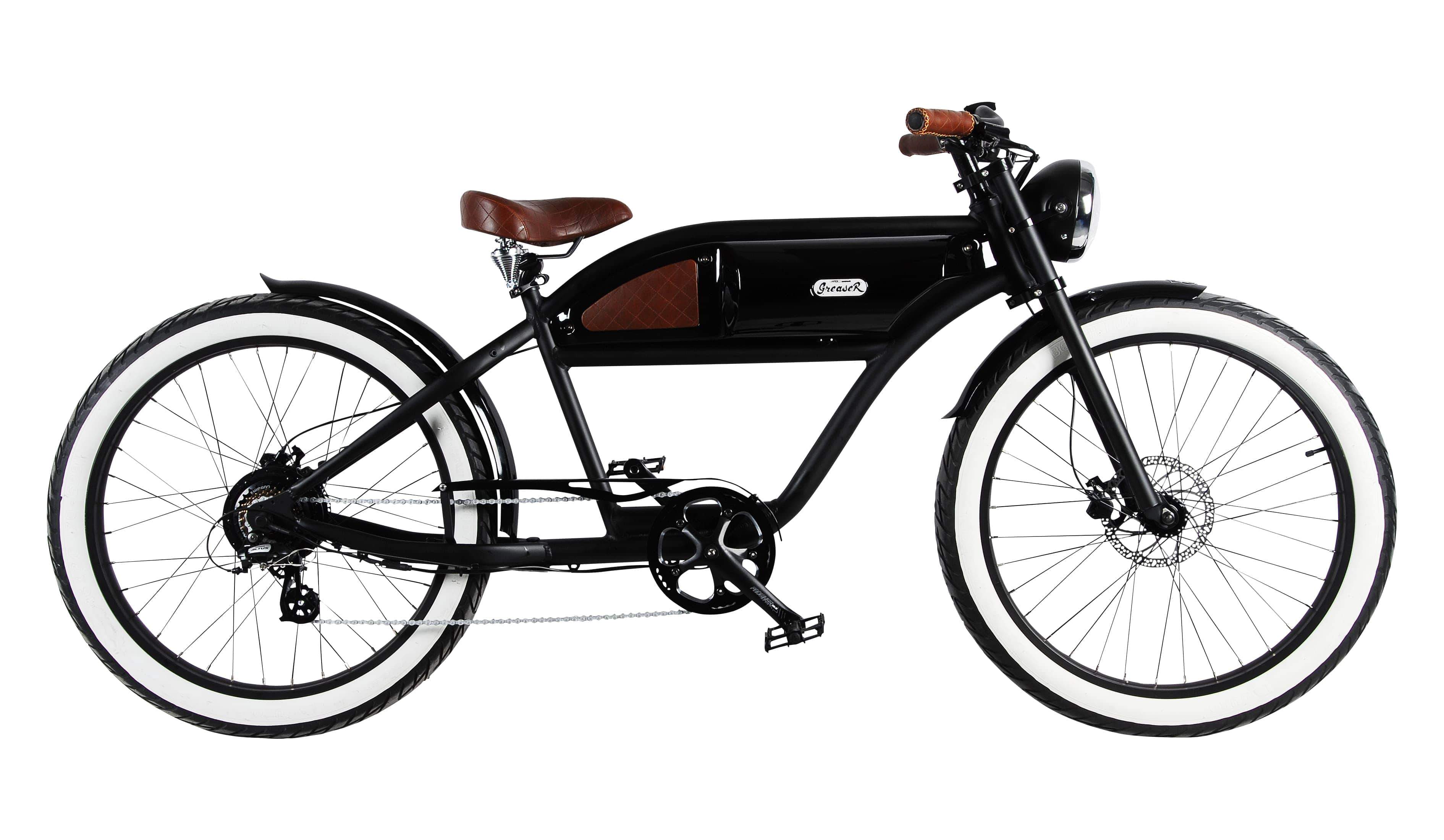 "GREASER" Das Vintage E-Bike in schwarz mit schwarz glänzendem Tank, 500 Watt, Kettenschaltung