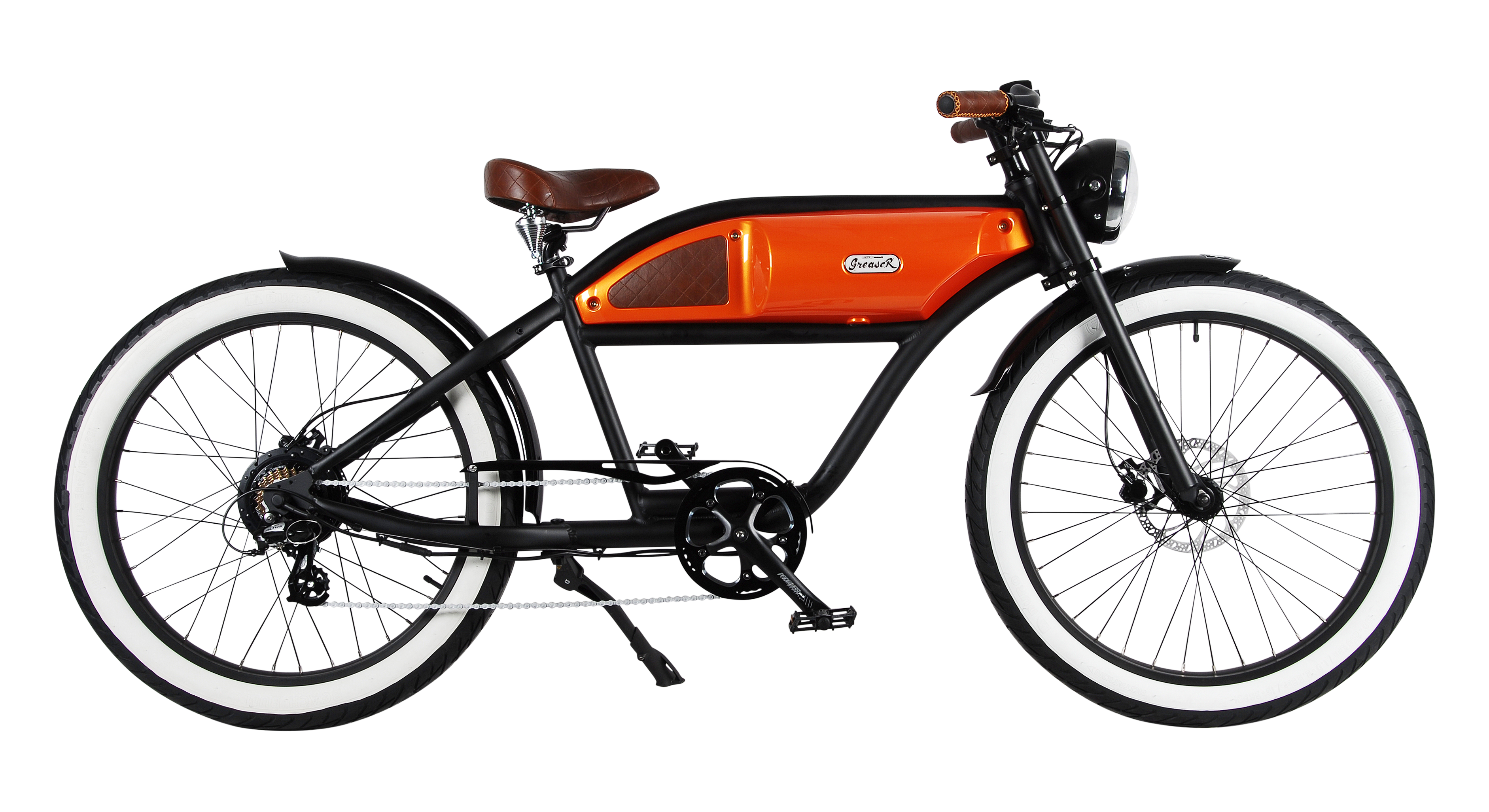 "GREASER" Das Vintage E-Bike in mattschwarz mit orange glänzendem Tank