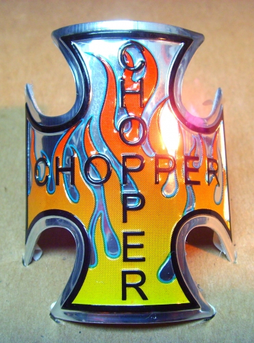 Chopper Iron / Maltese Cross Head Badge, flamed